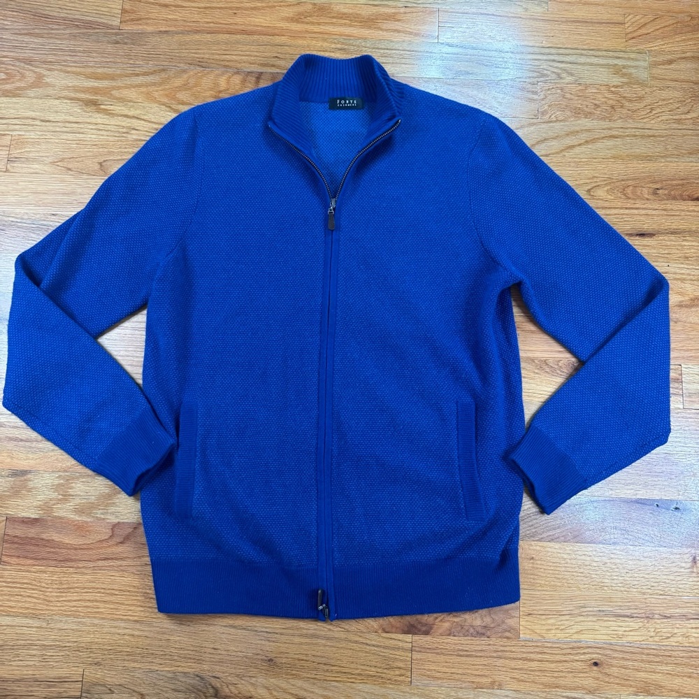 Forte Mens Size Large 100% Cashmere Full Zip Blue Sweater Long Sleeve